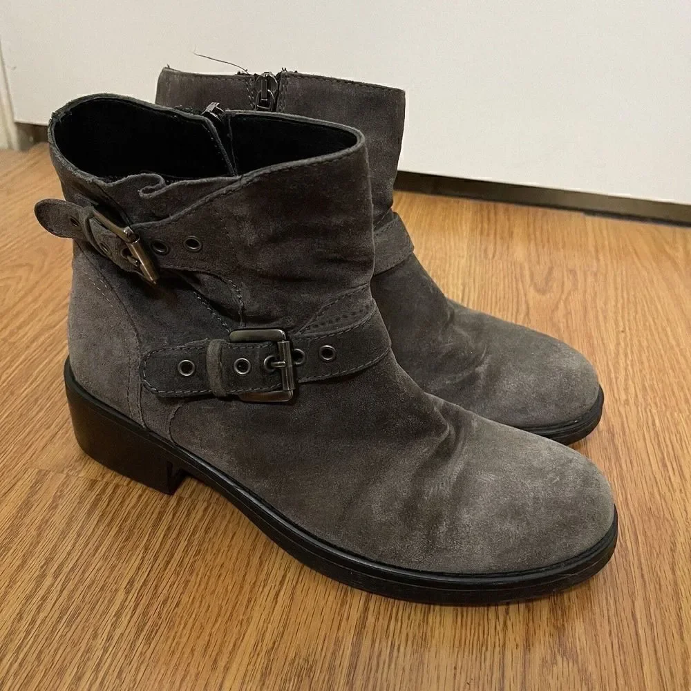 Aquatalia Gray Suede Leather Buckle Moto Boots Women's Size 7.5